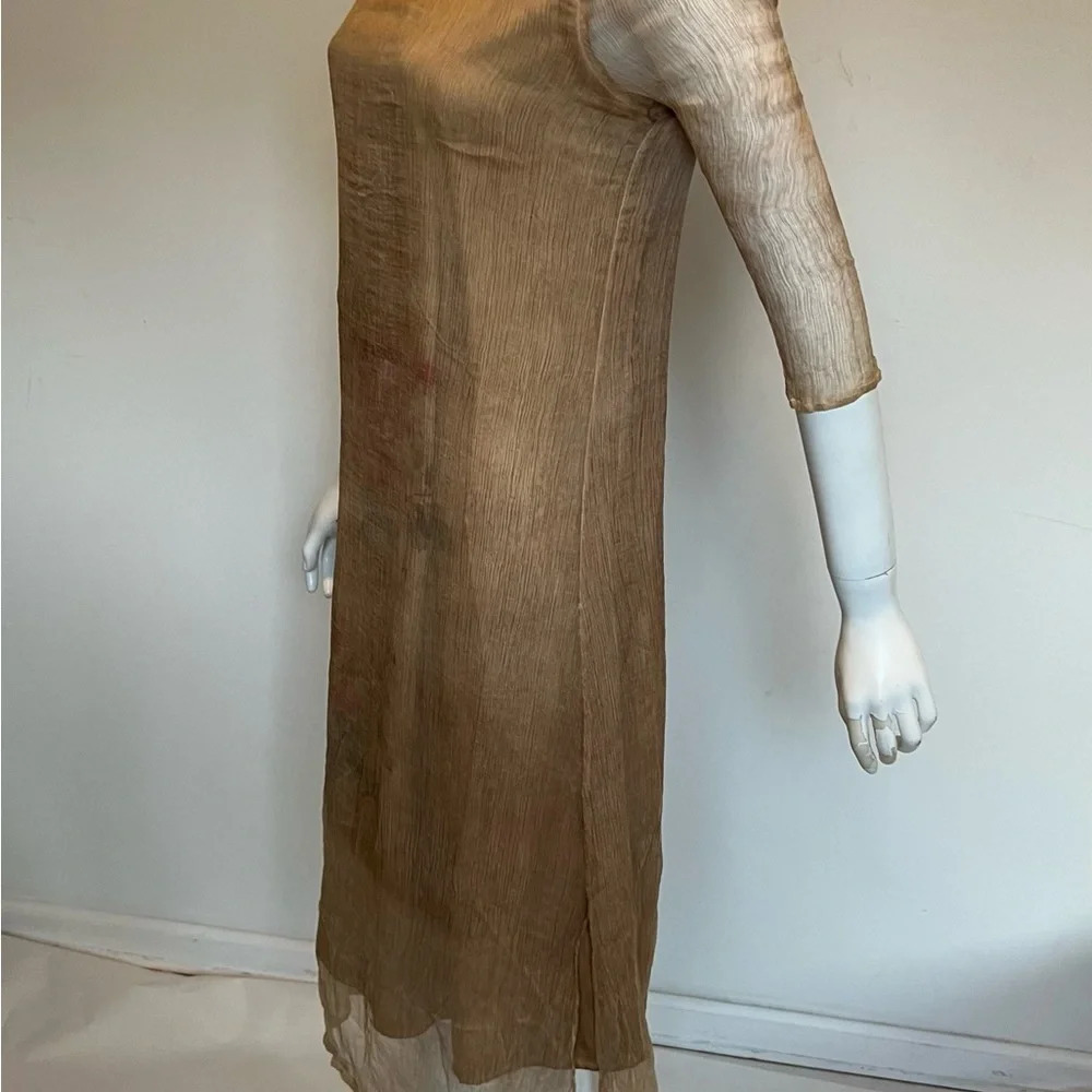 100% Silk Women's Beige Nude Sheer Crinkle Floral Print Midi Dress Size L NWT - Picture 7 of 12